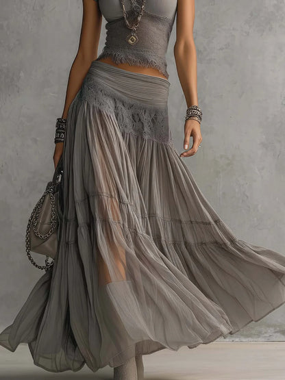 Alba - Conjunto con top gris de paneles de encaje y falda larga plisada