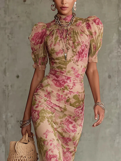 FIORA – Vestido largo con estampado vintage de rosas y mangas abullonadas