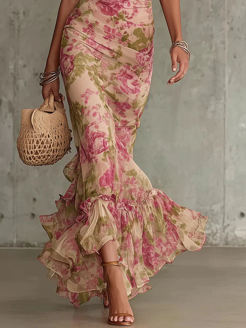 FIORA – Vestido largo con estampado vintage de rosas y mangas abullonadas