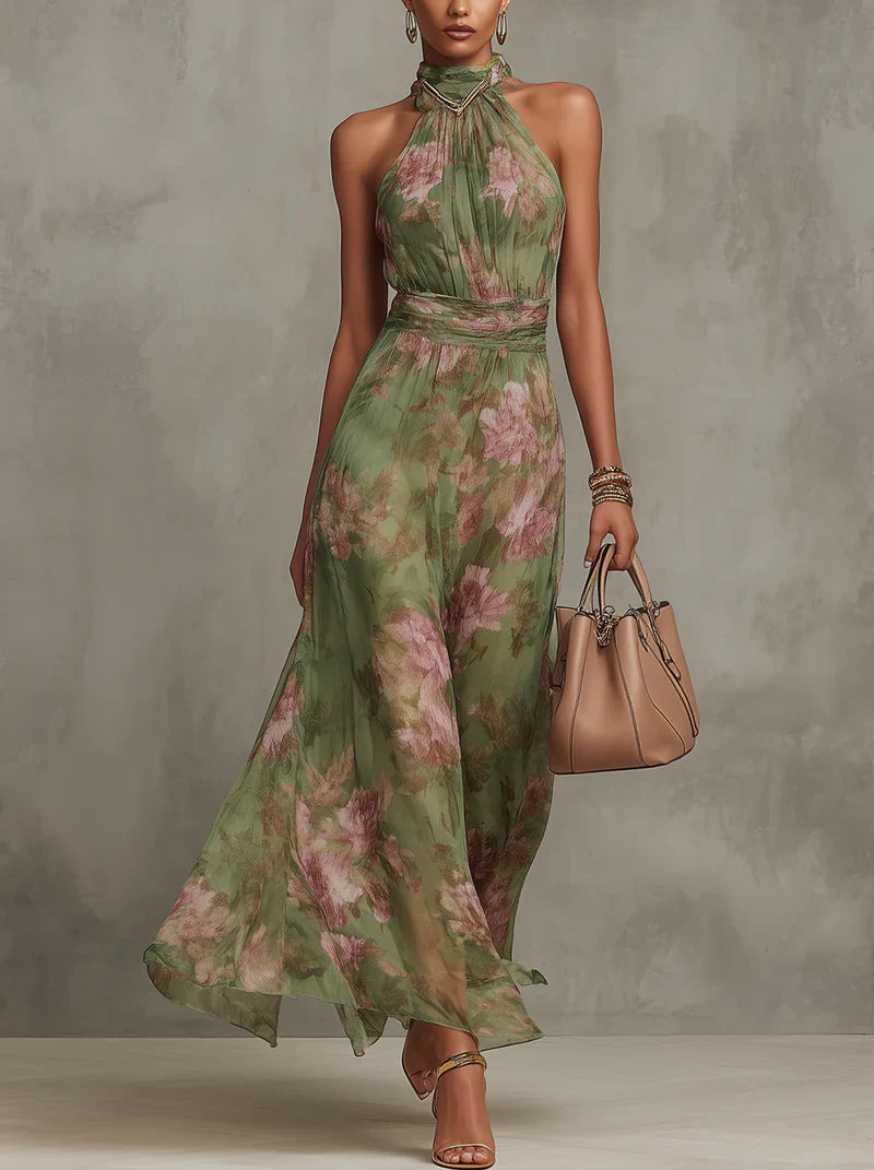 Serena - Vestido largo de gasa verde con estampado floral y escote halter.